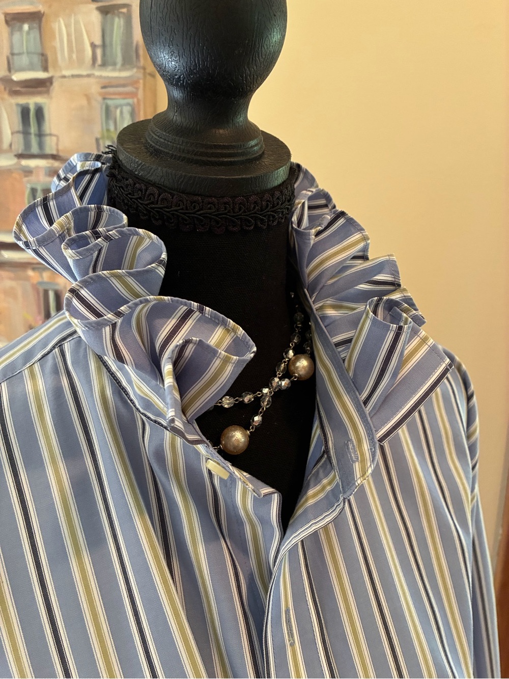 Jos. A. Bank Blue, White & Yellow Striped Button-Front Shirt ruffle collar - Picture 2 of 6